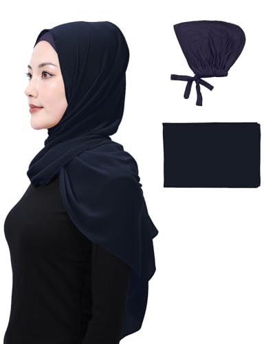 Matched Hijab and Undercap Set, Chiffon Muslim Head Scarf for Women, A Perfectly Decent Combination - color: Navy Blue