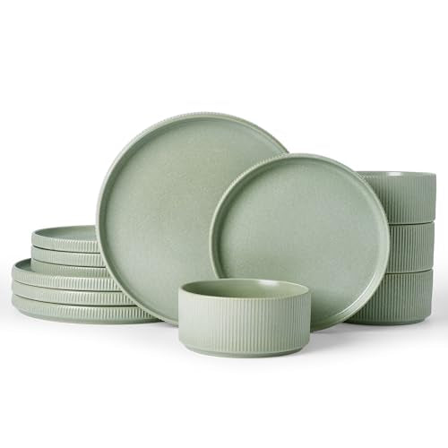 Famiware Star Stoneware Dinnerware Set, Reactive Glaze Plates & Bowls for 4 - color: Matte Sage Green
