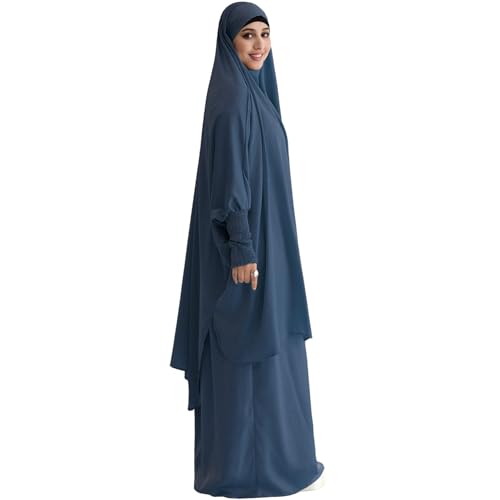 Muslim Women Abaya Two Pieces Set Prayer Dress Elasticated Sleeves Islamic Robe Modest Full Cover Prayer Clothes - color: Foggy Blue