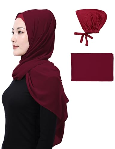 Matched Hijab and Undercap Set, Chiffon Muslim Head Scarf for Women, A Perfectly Decent Combination - color: Wine Red