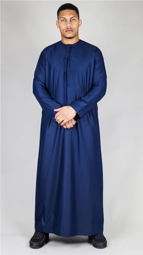 Men's Thobe Emirati Omani Jubba Islamic Clothing Muslim Kaftan Eid Robe Arab String Tassel - color: Navy Regular, size: 52