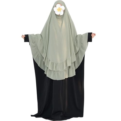 khalat Women's Hijab Chiffon Hijab for Women Muslim 2 Layers Ruffle Lightweight Large Hijab - color: Olive Green