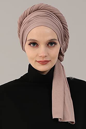 Aisha's Design Instant Hijab Scarves for Women, 95% Cotton Pretied Bonnet Turban Easy to Wear Cotton Headscarf - color: Cappuccino