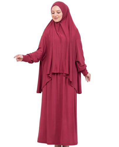 Prien Soft Prayer Dress For Women, Muslim Abaya Hijab Set, Long Turkish Cotton Praying Outfit, Islamic Clothes For Ramadan - color: Burgundy