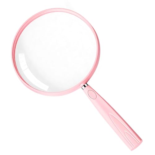 Feosky Handheld Reading Magnifier, 10X Magnifier, 130mm Shatterproof Lens, Non-Slip Handle for Adults Close Work, Seniors Reading and Nature Exploration, Hobby Observation(Pink) - color: Pink