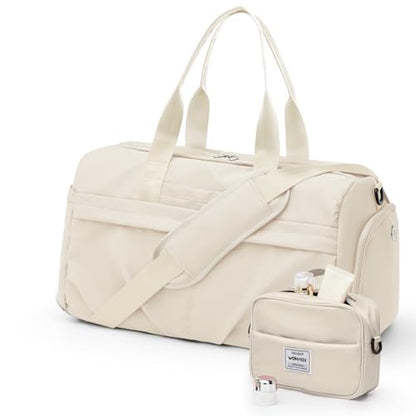 Gym Bag for Women Men, Sport Duffel Bag with Toiletry Bag & Shoe Compartment,Waterproof Travel Weekender Overnight Carry on Bag for Yoga with Trolley Sleeve, Beige Set - color: A6-Beige Set