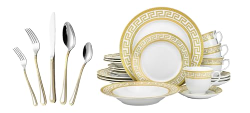 HOMEHUT 40 Pieces Vintage Gold Dinnerware and 18/10 Premium Stainless Steel Silverware Flatware Set - Greek Key Gold HQ Fine China Tableware Service for 4 People - size: 40 Piece Service for 4
