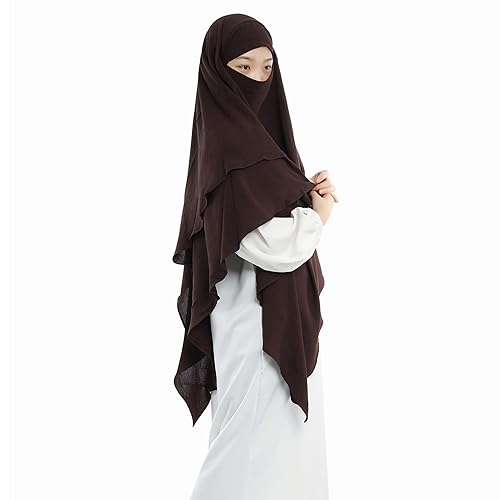 Khalat Muslim Prayer Hijab - 2 Layers Soft Breathable Islamic Dubai Women's Instant Long Hijab - color: Dark Brown
