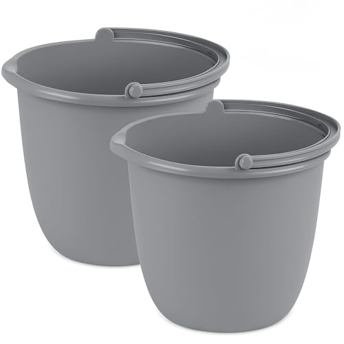 2 Pack 10 Quart Spout Pail – Classic Titanium Gray Plastic Bucket with Pour Spout and Handle for Cleaning, Mopping, Gardening, and Storage Use