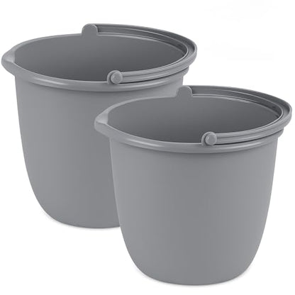 2 Pack 10 Quart Spout Pail – Classic Titanium Gray Plastic Bucket with Pour Spout and Handle for Cleaning, Mopping, Gardening, and Storage Use
