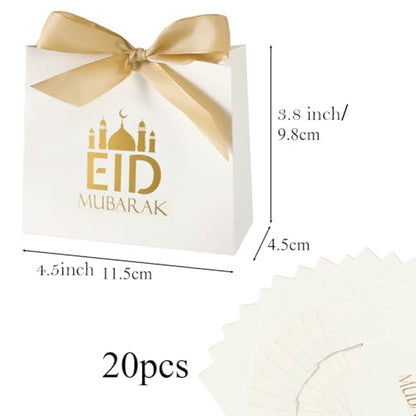 20 Pack Eid Party Favor Box, Eid Moon Candy Box, Ramadan Mubarak Party Goodie Box, DIY Eid Treat Paper Box with Ribbon Bow, Islam Muslim Wedding Festival Candy Box, Chocolate Cookie Souvenir Boxes for Eid Party Supplies Gold Castle Goodie Present Bag - co