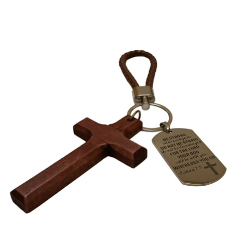 Christian Bible Keychains Religious Keychain Set Cross Bible Verse Gifts Keychain Religious Gift for Christian - color: Wood Cross:；deep Brown Leather Strap；brown Metal Tag Hardware；silver-tone