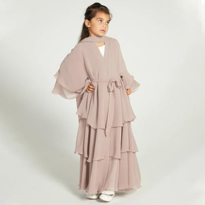 Chiffon layered Open Abaya Dubai Kaftan Muslim Cardigan Abayas Dresses For Girls Casual Robe Kimono Islam Clothing - color: Champagne, size: 7-8 Years