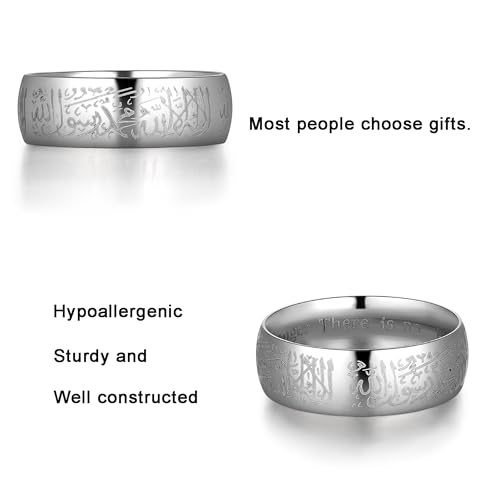 Hipunk Stainless Steel Islamic Muslim Shahada Ring - Mohammad Arabic Letter Rings Band Prayer Religious Calligraphy Ayatul Kursi Allah Rings Eid Ramadan for Men Women Size 9-12 - color: steel