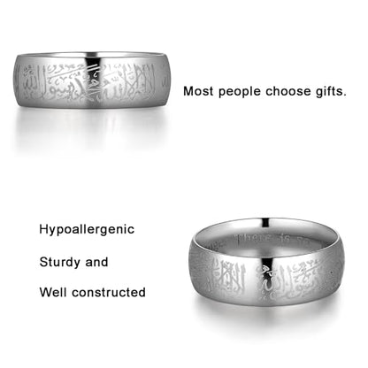Hipunk Stainless Steel Islamic Muslim Shahada Ring - Mohammad Arabic Letter Rings Band Prayer Religious Calligraphy Ayatul Kursi Allah Rings Eid Ramadan for Men Women Size 9-12 - color: steel
