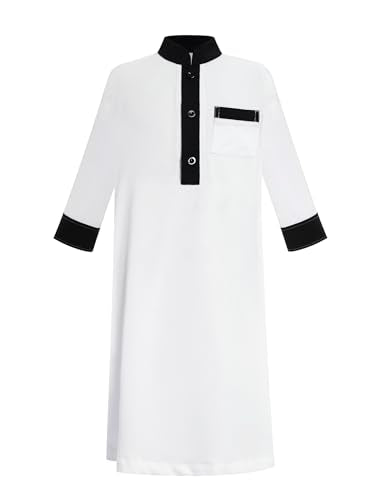 FYMNSI Kids Boys Thobe Muslim Prayer Clothes Saudi Dubai Robe Kaftan with Pockets Dishdasha Islamic Eid Ramadan Outfits 5-10T - color: White, Black, size: 8-9 Years