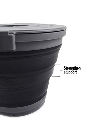 SAMMART 10L(2.64Gallon) Collapsible Fishing Bucket with Locking Lid - Foldable Round Tub - Portable Plastic Water Pail - Space Saving Outdoor Waterpot (Grey/Black) - color: Grey/Black