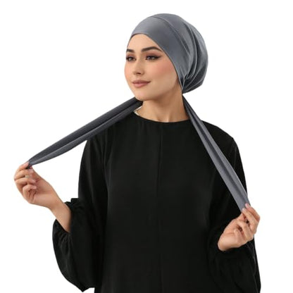Instant Hijab Scarf Tie-Back Closure Cap Islamic Muslim Head Scarf Turban for Women - color: Dark Grey(1piece)