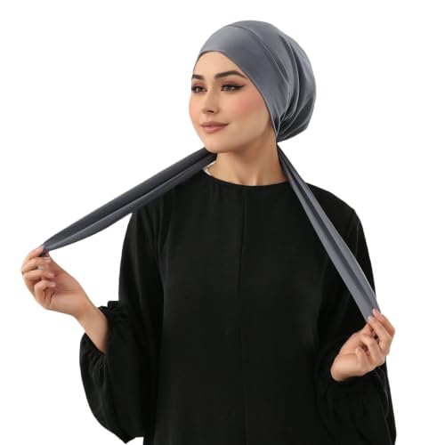 Instant Hijab Scarf Tie-Back Closure Cap Islamic Muslim Head Scarf Turban for Women - color: Dark Grey(1piece)