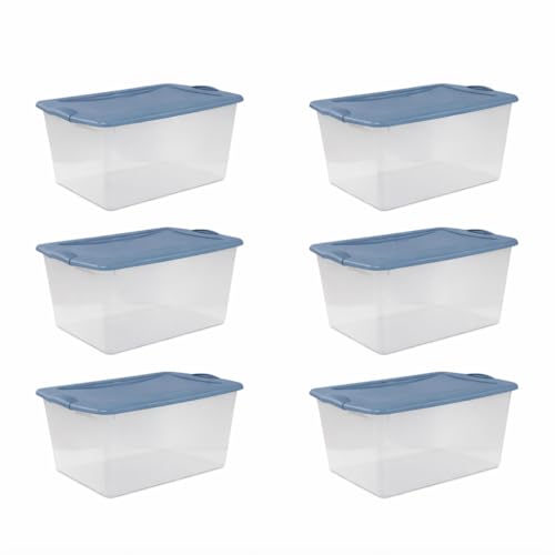 Clear/Light Blue 6-Pack 66 Qt Plastic Storage Bins with Secure Latching Lids, Stackable Heavy-Duty Storage Boxes for Camping Gear, Sports Equipment, Tools & Home Organization - Home Organizer