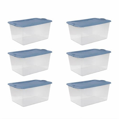 Clear/Light Blue 6-Pack 66 Qt Plastic Storage Bins with Secure Latching Lids, Stackable Heavy-Duty Storage Boxes for Camping Gear, Sports Equipment, Tools & Home Organization - Home Organizer