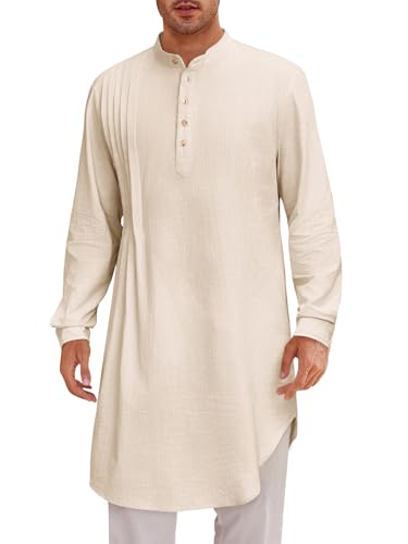 Runcati Mens Kaftan Thobe Cotton Linen Henley Shirt Long Sleeve Robe Casual Muslim Gown Kurta - color: Beige, size: XX-Large