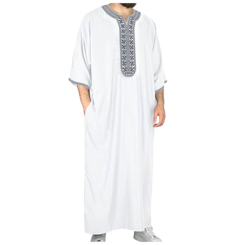 Men Arabic Thobe Short Sleeve Plus Size Loose Fit Embroidery Thobe with Pockets Long Abaya Muslim Kaftan Robe for - size: X-Large