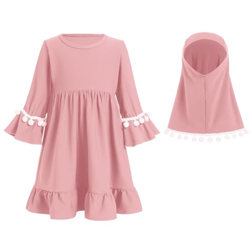 Abayas Dress For Newborn Baby Girls Muslim Dress Infant Toddler Long Sleeve Ruffle Dress with Khimar Hijab Abaya Arabian Islamic Dubai Prayer Dresses Middle East Attire Jibab Eid Clothes Pink 2-3T