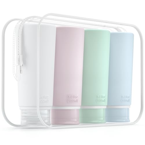 TakeToday Travel Bottles for Toiletries 3.4oz 4 Pack, TSA Leak Proof - color: Pink, White, Blue, Green