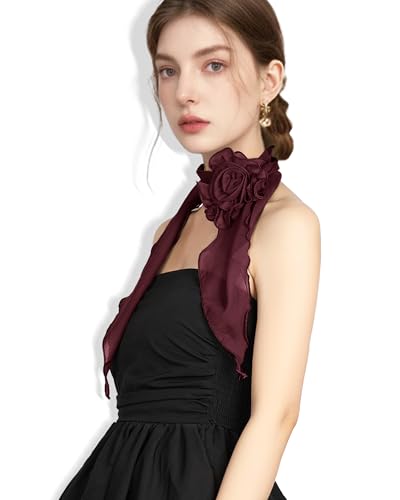 Chiffon Scarf for Women, Removable Flower Neck Scarf Light Soft Fashion Rose Scarves Versatile Headband or Hair Band - color: Burgundy Big Flower
