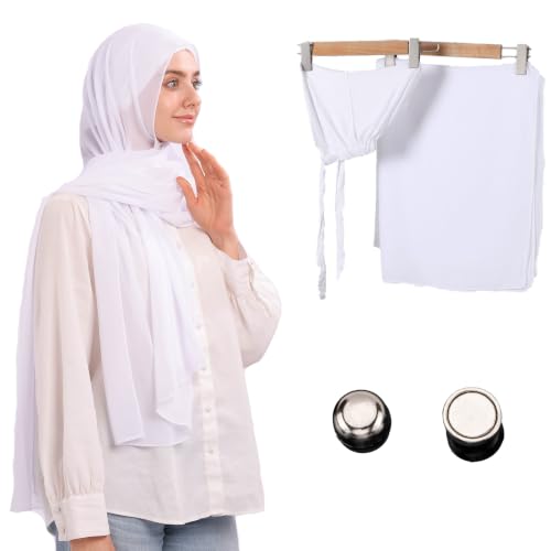 Jonglroy Muslim Chiffon Hijab magnets Head Scarf with Matching Tie Back Jersey Undercap - color: White