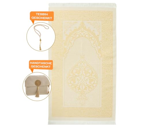 Prien Muslim Prayer Rug With Tasbih and Portable Bag, Muslim Gift For Women Men, Mubarak Islamic Box, Soft Mat Islam Gifts Set, Turkish Sajadah For Ramadan, Eid, Hajj, Travel, Pray (Brown) - color: Brown