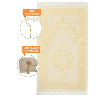 Prien Muslim Prayer Rug With Tasbih and Portable Bag, Muslim Gift For Women Men, Mubarak Islamic Box, Soft Mat Islam Gifts Set, Turkish Sajadah For Ramadan, Eid, Hajj, Travel, Pray (Brown) - color: Brown