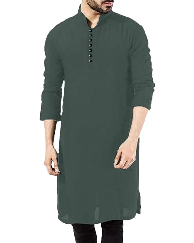 YAOHUOLE Men's Long Sleeve Muslim Thobe Robe Button Up Kaftan With Side Split and Pockets - color: 02dark Gray, size: X-Large
