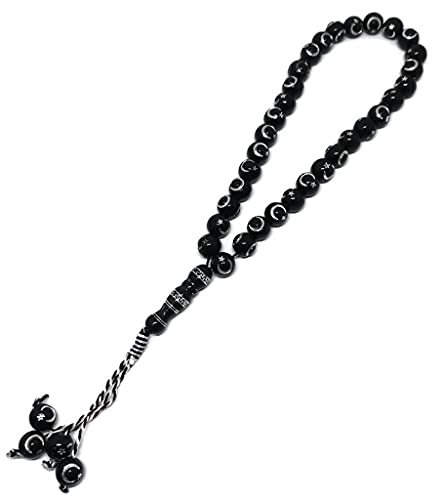 Muslim Bead Tasbih 33 Rosary AMN-277 Islam Prayer dhikr Misbaha with Moon Star Engraved on Islamic Religion Eid Ramadan Gift (Black) - color: Black