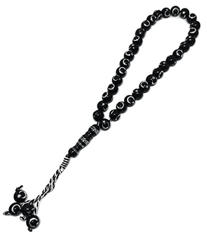 Muslim Bead Tasbih 33 Rosary AMN-277 Islam Prayer dhikr Misbaha with Moon Star Engraved on Islamic Religion Eid Ramadan Gift (Black) - color: Black