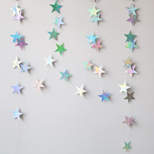 Iridescent Shining Star Hanging Garland Iridescent Hanging Sparkling Star Streamer Glitter Bunting Banner Twinkle Backdrop for Wedding Baby Shower Birthday Christmas Decorations 40 Feet - color: Iridescent