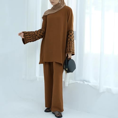Women's Top + Pants Eid Ramadan Muslim Two-piece Outfits Embroidered Dubai Abaya Islamic Arabic Clothing - color: Coffee, size: X-Small-Small