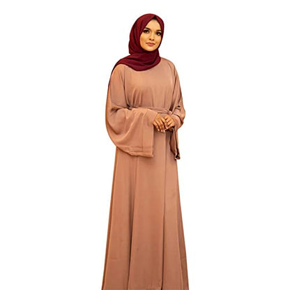 Casual Maxi Dresses for Women Long Sleeve Spring Pleated Flowy A Line Prayer Dress Muslim Dresses with Belt - color: Beige, size: Large