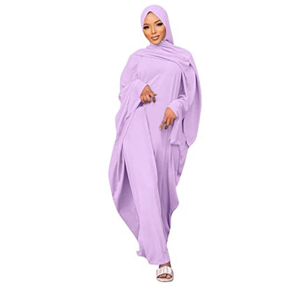 Muslim Dress for Women Pakistani Kaftan Abaya Robe + Hijab Arabic Islamic Prayer Clothes Dubai Outfits - color: Light Purple Set