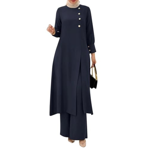 IDOPIP Abaya Dress for Women Muslim Set Long Sleeve Ramadan Islamic Dress Shirt with Pants 2PCS Dubai Prayer Casual Clothes - color: Navy Blue - Split, size: X-Large