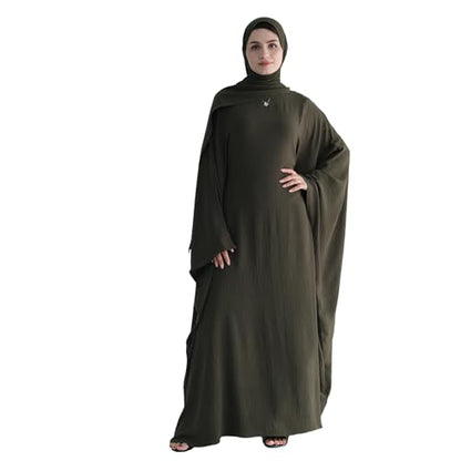 Abaya 무슬림 여성용 드레스 배트윙 슬리브 루즈핏 맥시 겸손한 이슬람 의류 히잡 스카프 포함 기도 드레스 - color: 아미 그린.