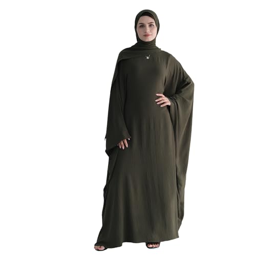 Abaya Muslim Women Dress Batwing Sleeve Loose Maxi Modest Islamic Clothes Prayer Dress with Hijab Scarf - color: Army Green