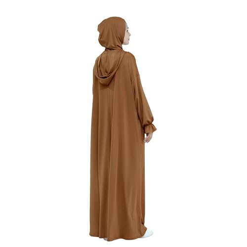 Abaya Muslim Women Hooded Dress Loose Sleeve Loose Maxi Modest Islamic Clothing Prayer Dress Kaftan - color: Brown