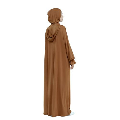 Abaya Muslim Women Hooded Dress Loose Sleeve Loose Maxi Modest Islamic Clothing Prayer Dress Kaftan - color: Brown