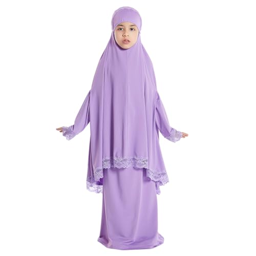 IBTOM CASTLE Little Girls Muslim Prayer Dress Abaya Long Sleeve Full Cover Lace Hijab Kaftan Dubai Islamic Modest Eid Jilbab - color: Purple, size: 7-8 Years
