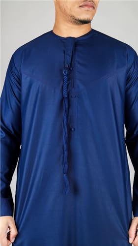 Men's Thobe Emirati Omani Jubba Islamic Clothing Muslim Kaftan Eid Robe Arab String Tassel - color: Navy Regular, size: 52