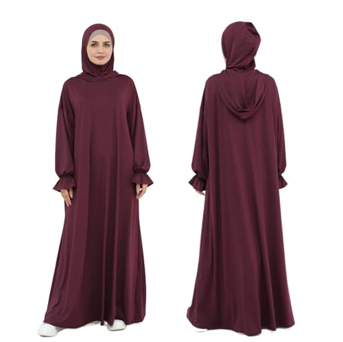 Muslim Dress for Women Pakistani Kaftan Abaya Robe Arabic Islamic Prayer Clothes Dubai Outfits - color: Wine Red