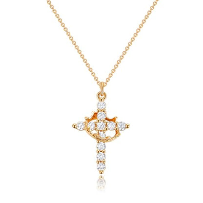 Robaice Upgraded Crown Cross Necklace for Women, 14K Gold Plated - color: A Crown Cross, Sterling Silver Chain, Gold