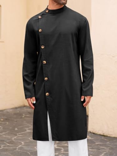 Runcati Mens Kaftan Thobe Button Down Long Sleeve Robe Casual Henley Shirt Cotton Muslim Gown Kurta Tops - color: Black, size: X-Large